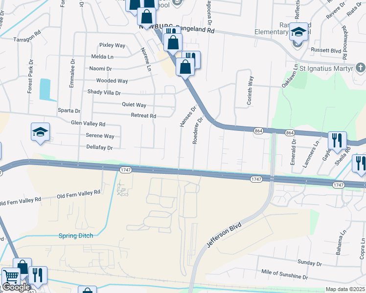 map of restaurants, bars, coffee shops, grocery stores, and more near 6315 Hanses Drive in Louisville