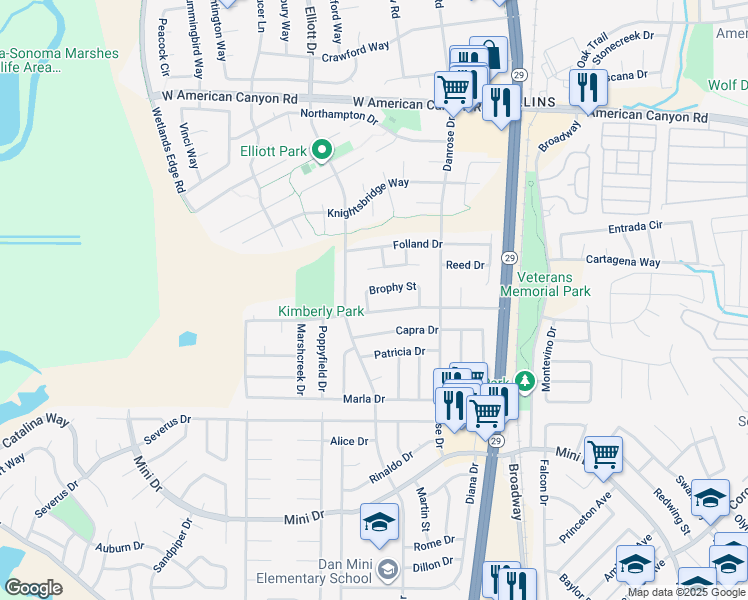 map of restaurants, bars, coffee shops, grocery stores, and more near 177 Brophy St in American Canyon