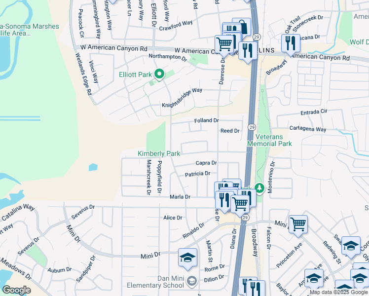 map of restaurants, bars, coffee shops, grocery stores, and more near 177 Brophy Street in American Canyon