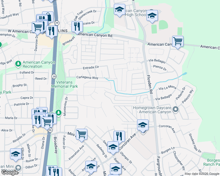 map of restaurants, bars, coffee shops, grocery stores, and more near 21 Ford Drive in American Canyon