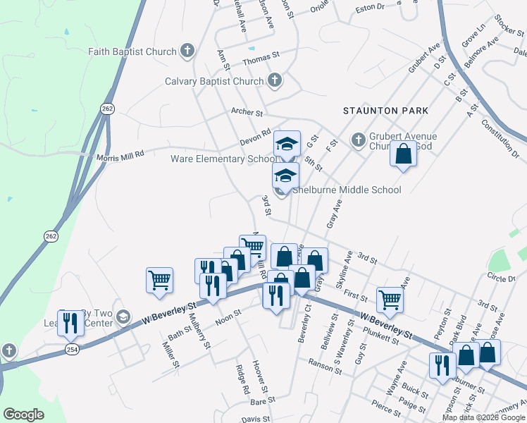 map of restaurants, bars, coffee shops, grocery stores, and more near 37 Morris Mill Road in Staunton