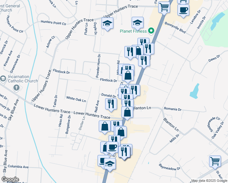 map of restaurants, bars, coffee shops, grocery stores, and more near 1900 Donald Drive in Louisville