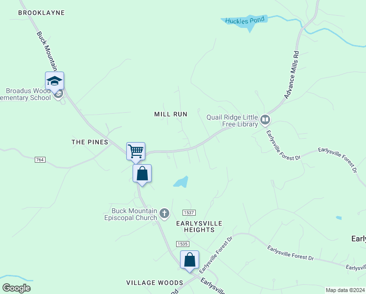 map of restaurants, bars, coffee shops, grocery stores, and more near 4490 Mill Run Lane in Earlysville