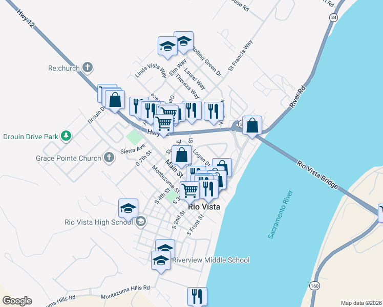 map of restaurants, bars, coffee shops, grocery stores, and more near 135 North 5th Street in Rio Vista