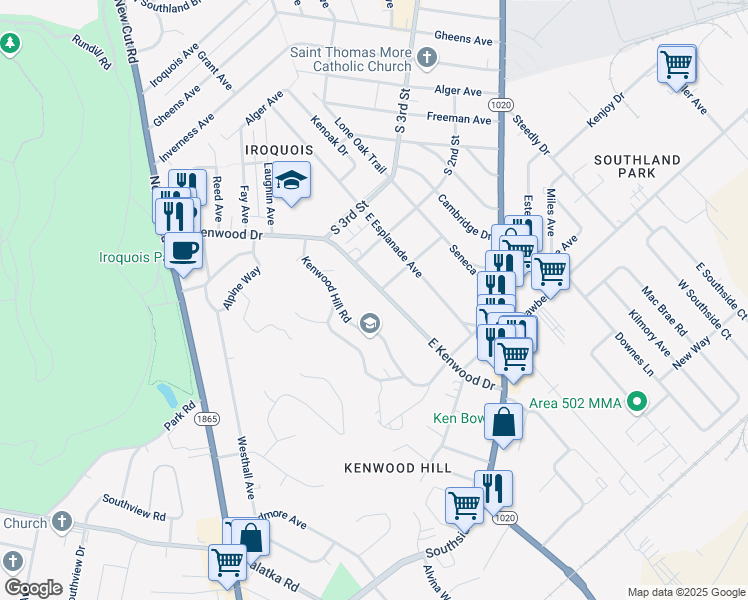 map of restaurants, bars, coffee shops, grocery stores, and more near 300 East Kenwood Drive in Louisville