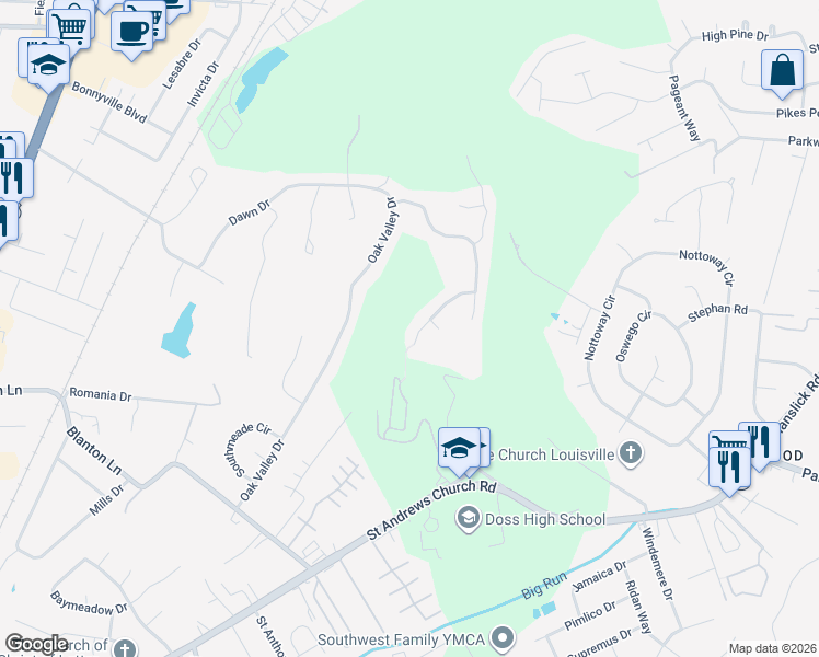 map of restaurants, bars, coffee shops, grocery stores, and more near 7615 Aspen Ridge Road in Louisville