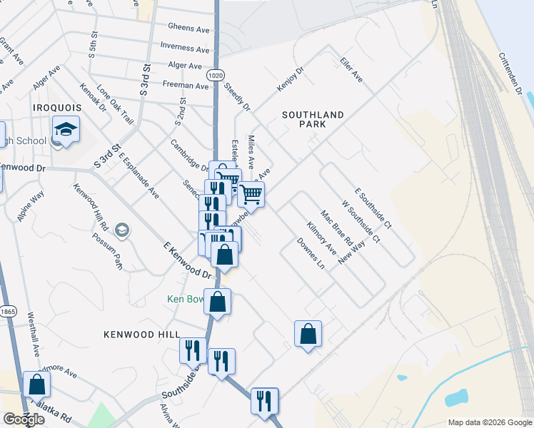 map of restaurants, bars, coffee shops, grocery stores, and more near 6615 Macalester Drive in Louisville