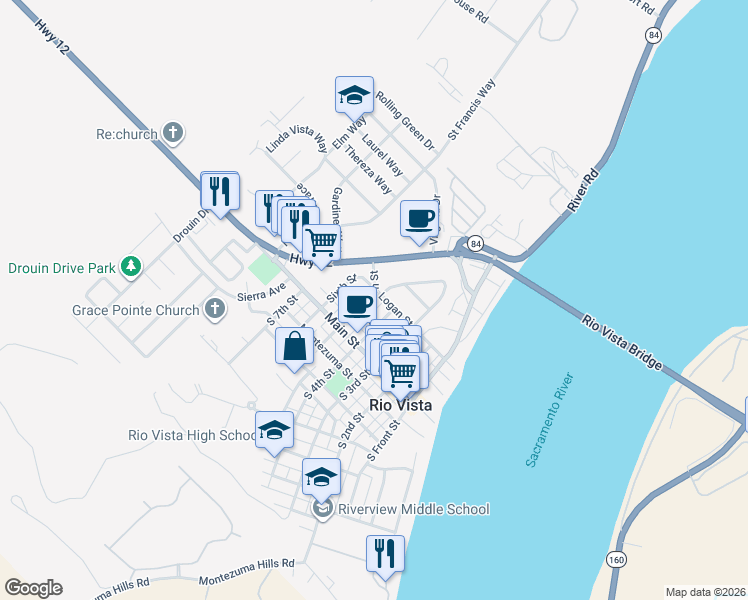 map of restaurants, bars, coffee shops, grocery stores, and more near 135 North 5th Street in Rio Vista
