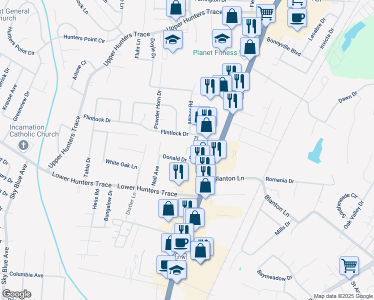 map of restaurants, bars, coffee shops, grocery stores, and more near 4222 Flintlock Drive in Louisville