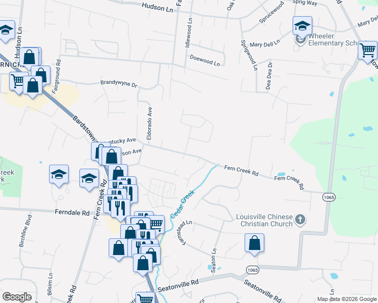 map of restaurants, bars, coffee shops, grocery stores, and more near 6407 Mossy Oaks Drive in Louisville