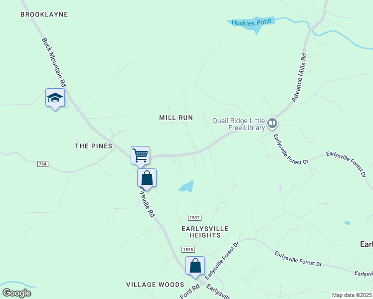 map of restaurants, bars, coffee shops, grocery stores, and more near 4490 Mill Run Lane in Earlysville