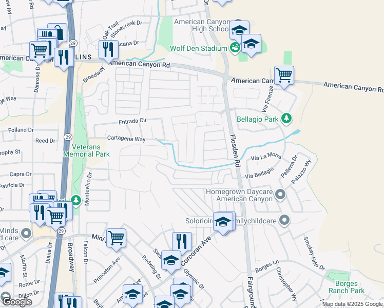 map of restaurants, bars, coffee shops, grocery stores, and more near 815 Spring Mountain Ln in American Canyon