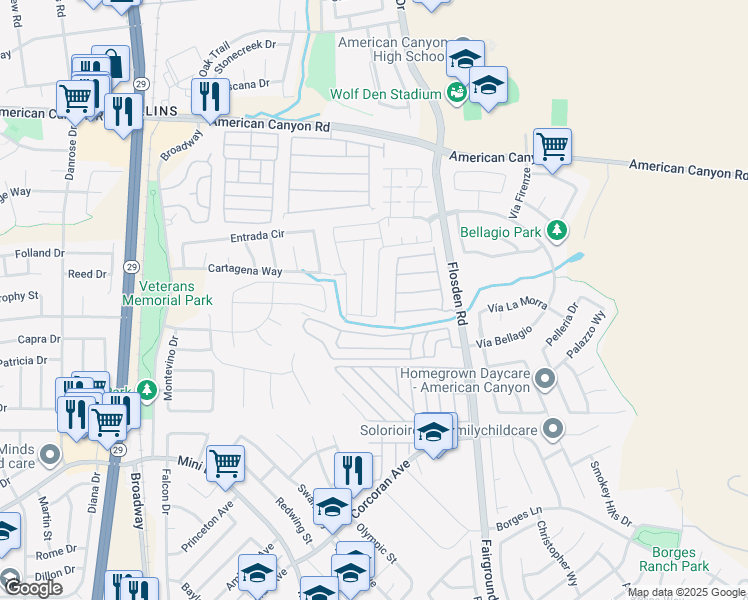 map of restaurants, bars, coffee shops, grocery stores, and more near 815 Spring Mountain Lane in American Canyon
