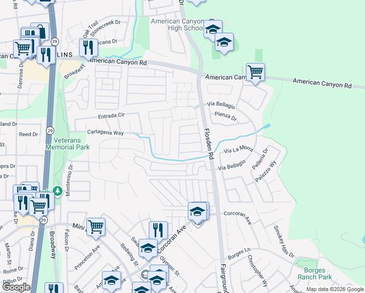 map of restaurants, bars, coffee shops, grocery stores, and more near 19 Kevin Lane in American Canyon