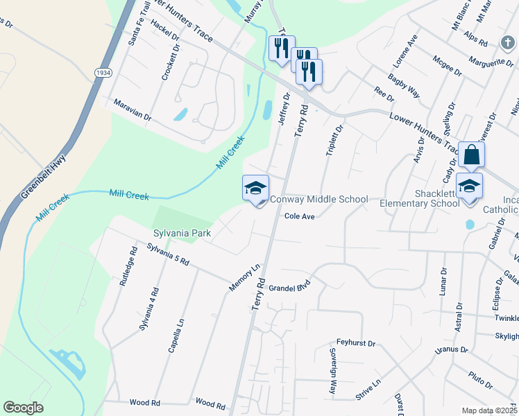 map of restaurants, bars, coffee shops, grocery stores, and more near 6300 Terry Road in Louisville