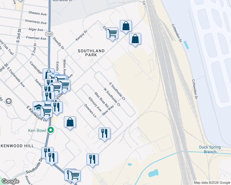 map of restaurants, bars, coffee shops, grocery stores, and more near 339 East Southside Court in Louisville