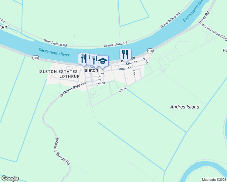 map of restaurants, bars, coffee shops, grocery stores, and more near 9 School Street in Isleton