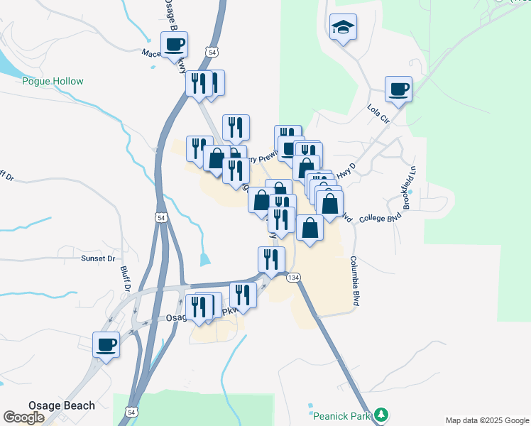 map of restaurants, bars, coffee shops, grocery stores, and more near 3797 Osage Beach Parkway in Osage Beach