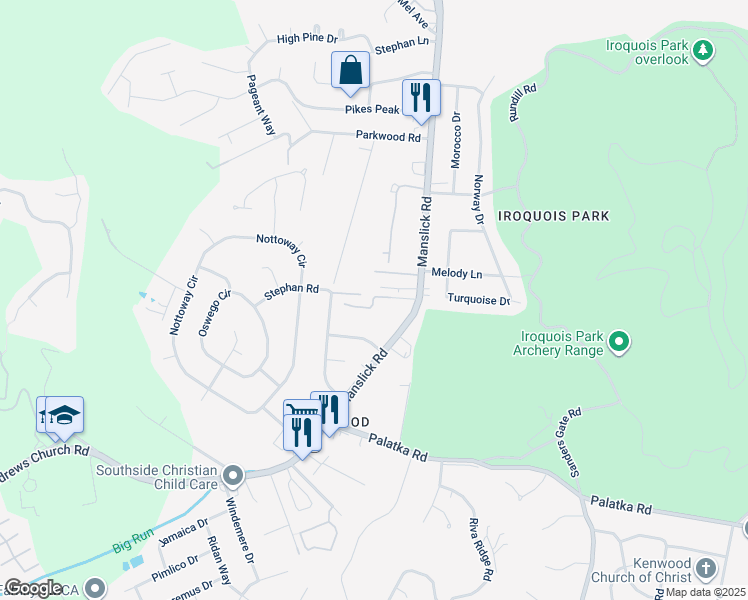 map of restaurants, bars, coffee shops, grocery stores, and more near 2213 Stephan Road in Louisville
