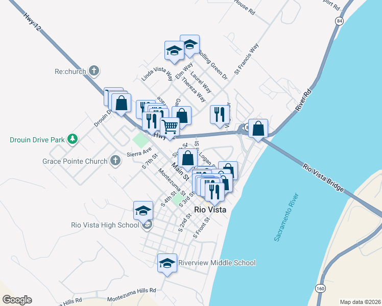 map of restaurants, bars, coffee shops, grocery stores, and more near 89 North 6th Street in Rio Vista