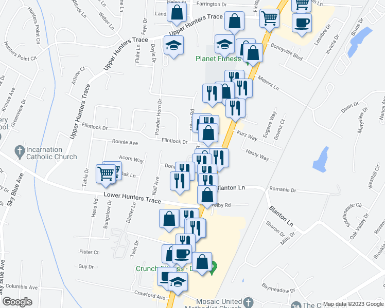 map of restaurants, bars, coffee shops, grocery stores, and more near 5406 Carnae Court in Louisville
