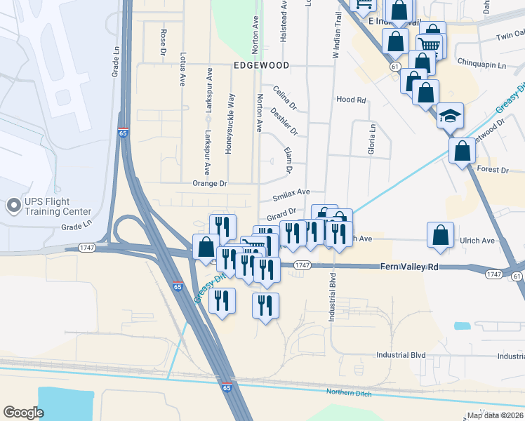 map of restaurants, bars, coffee shops, grocery stores, and more near 6111 Norton Avenue in Louisville