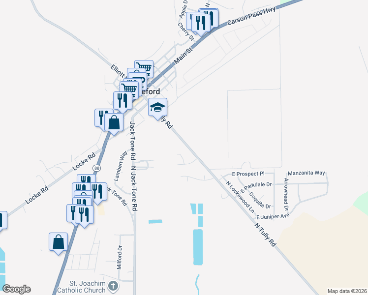 map of restaurants, bars, coffee shops, grocery stores, and more near 19295 North Tully Road in Lockeford