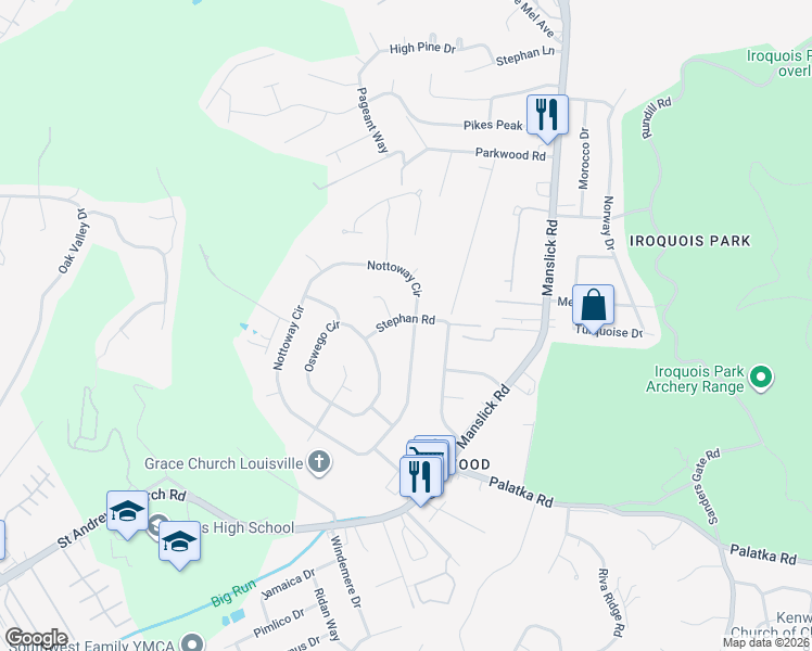 map of restaurants, bars, coffee shops, grocery stores, and more near 2620 Stephan Road in Louisville