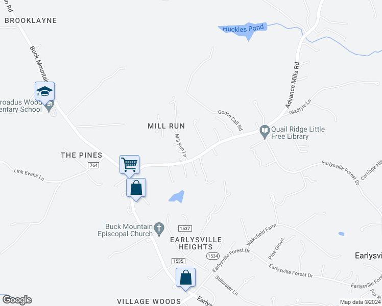 map of restaurants, bars, coffee shops, grocery stores, and more near 4495 Mill Run Lane in Earlysville