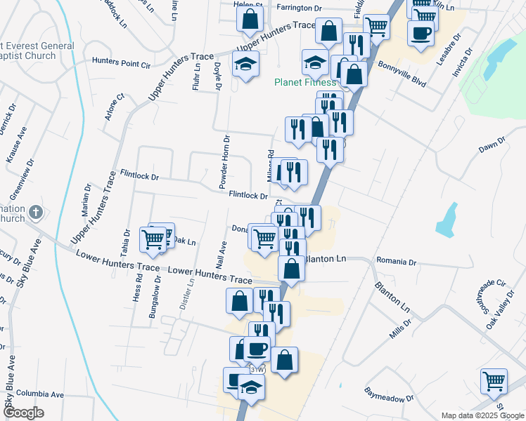 map of restaurants, bars, coffee shops, grocery stores, and more near 4222 Flintlock Drive in Louisville