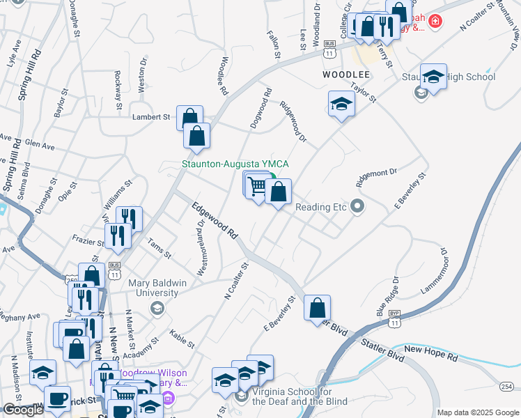 map of restaurants, bars, coffee shops, grocery stores, and more near 600 North Coalter Street in Staunton