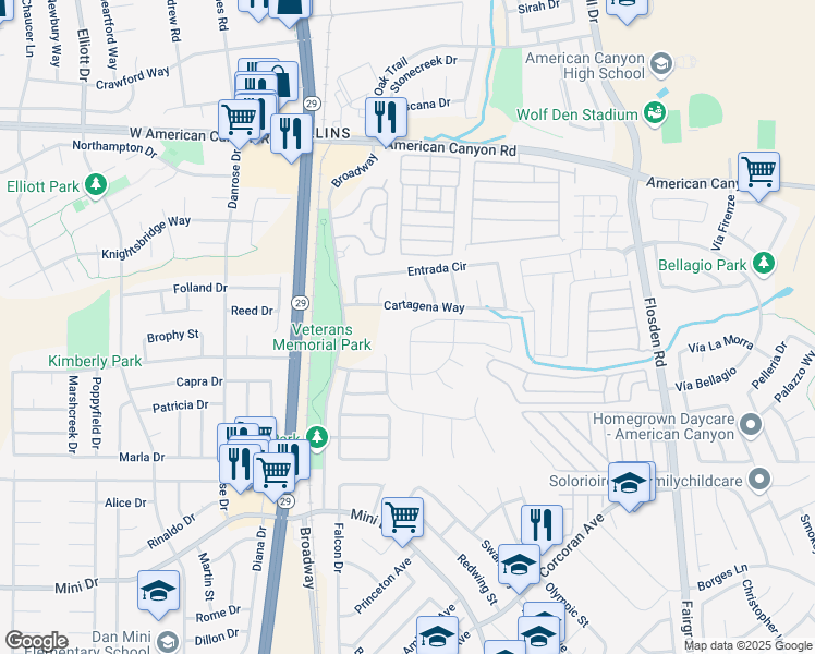 map of restaurants, bars, coffee shops, grocery stores, and more near 125 Independence Drive in American Canyon