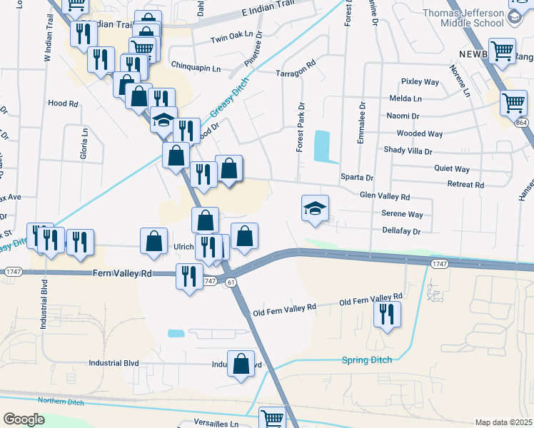 map of restaurants, bars, coffee shops, grocery stores, and more near 1217 Wannsee Dr in Louisville