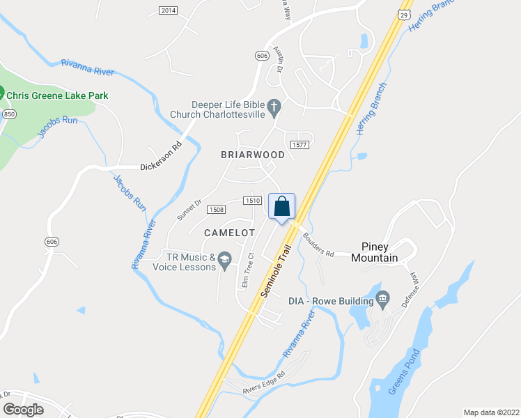 map of restaurants, bars, coffee shops, grocery stores, and more near 2111 Elm Tree Knoll in Charlottesville