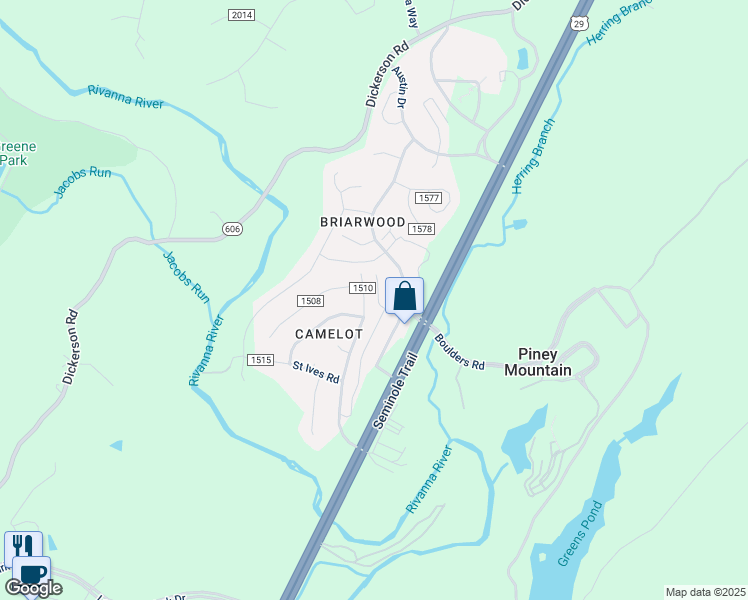 map of restaurants, bars, coffee shops, grocery stores, and more near 2121 Elm Tree Knoll in Charlottesville