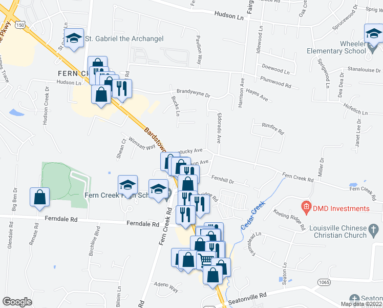 map of restaurants, bars, coffee shops, grocery stores, and more near 9118 Kentucky Avenue in Louisville