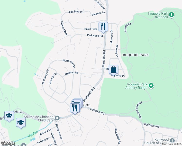 map of restaurants, bars, coffee shops, grocery stores, and more near 2213 Stephan Road in Louisville