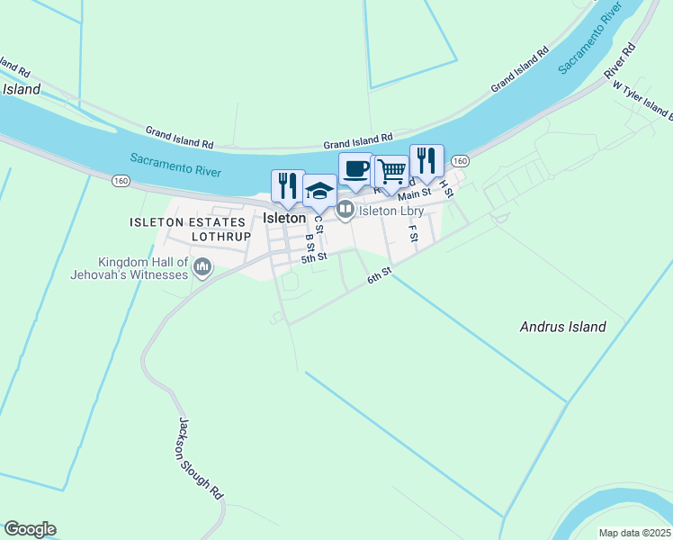 map of restaurants, bars, coffee shops, grocery stores, and more near 10 School Street in Isleton