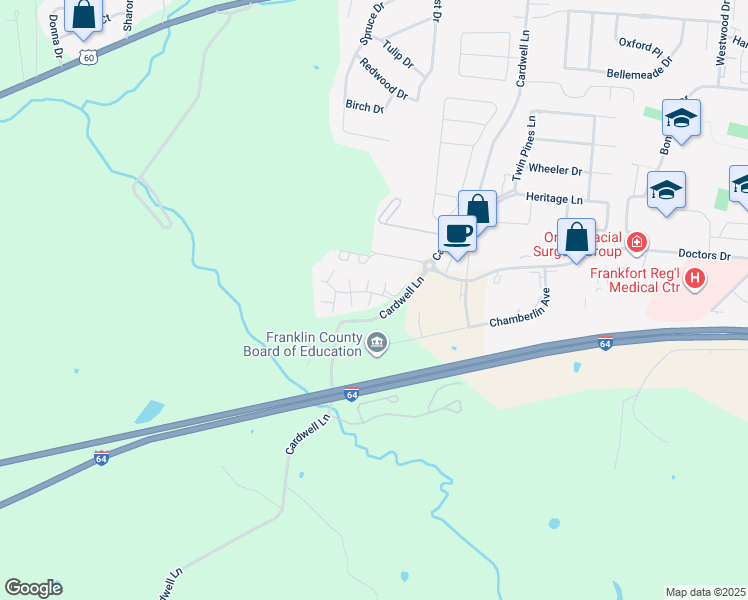 map of restaurants, bars, coffee shops, grocery stores, and more near 869 Cardwell Lane in Frankfort