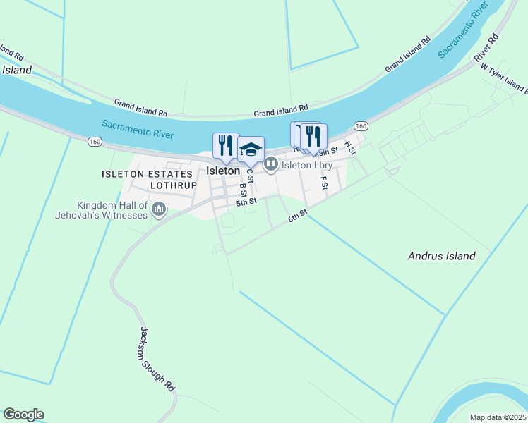 map of restaurants, bars, coffee shops, grocery stores, and more near 10 School Street in Isleton