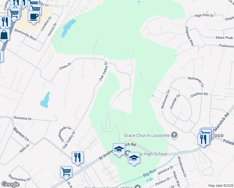 map of restaurants, bars, coffee shops, grocery stores, and more near 7615 Aspen Ridge Road in Louisville