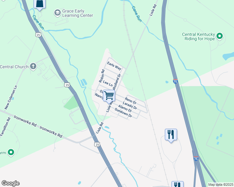 map of restaurants, bars, coffee shops, grocery stores, and more near 42 Reno Drive in Georgetown