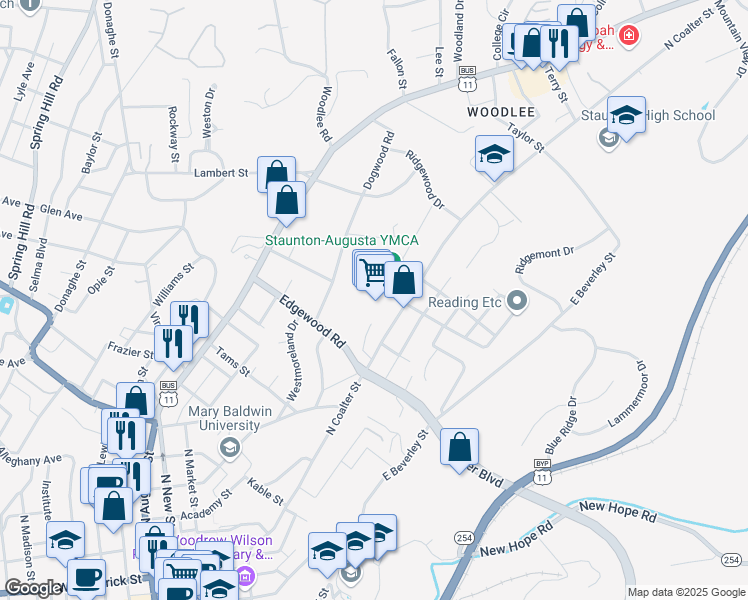 map of restaurants, bars, coffee shops, grocery stores, and more near 600 North Coalter Street in Staunton