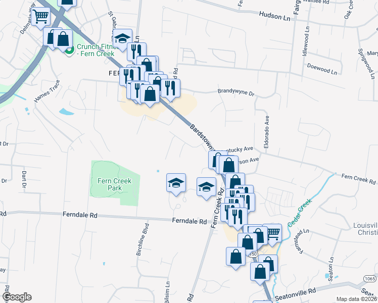 map of restaurants, bars, coffee shops, grocery stores, and more near 6003 Paula Marie Place in Louisville