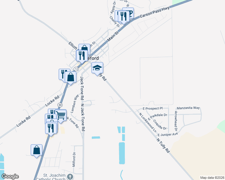 map of restaurants, bars, coffee shops, grocery stores, and more near 19295 North Tully Road in Lockeford