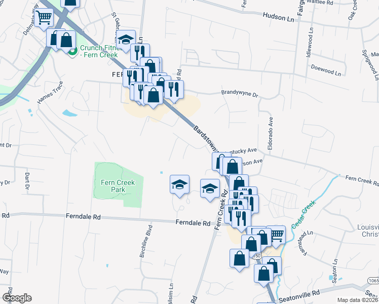 map of restaurants, bars, coffee shops, grocery stores, and more near 6003 Paula Marie Place in Louisville