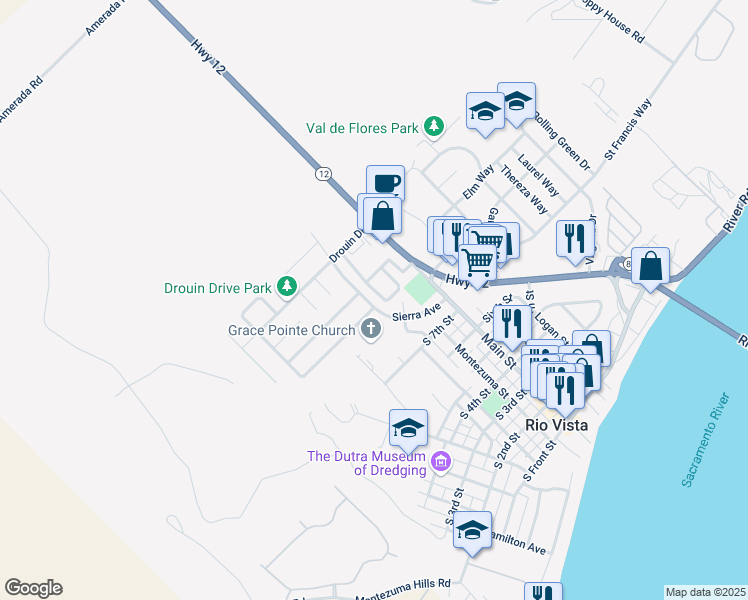 map of restaurants, bars, coffee shops, grocery stores, and more near 170 Sierra Avenue in Rio Vista