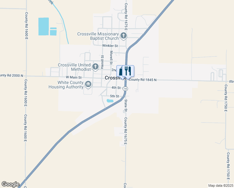 map of restaurants, bars, coffee shops, grocery stores, and more near 203-205 Elliott Street in Crossville
