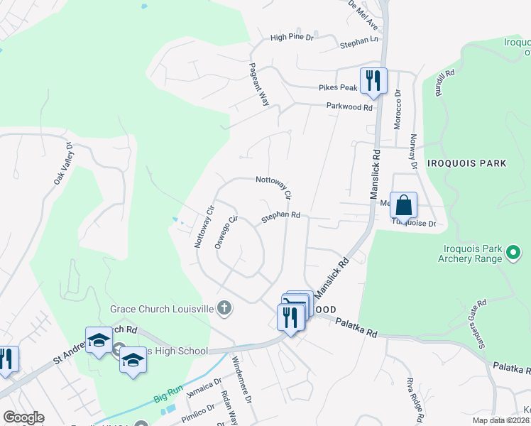 map of restaurants, bars, coffee shops, grocery stores, and more near 2705 Stephan Road in Louisville