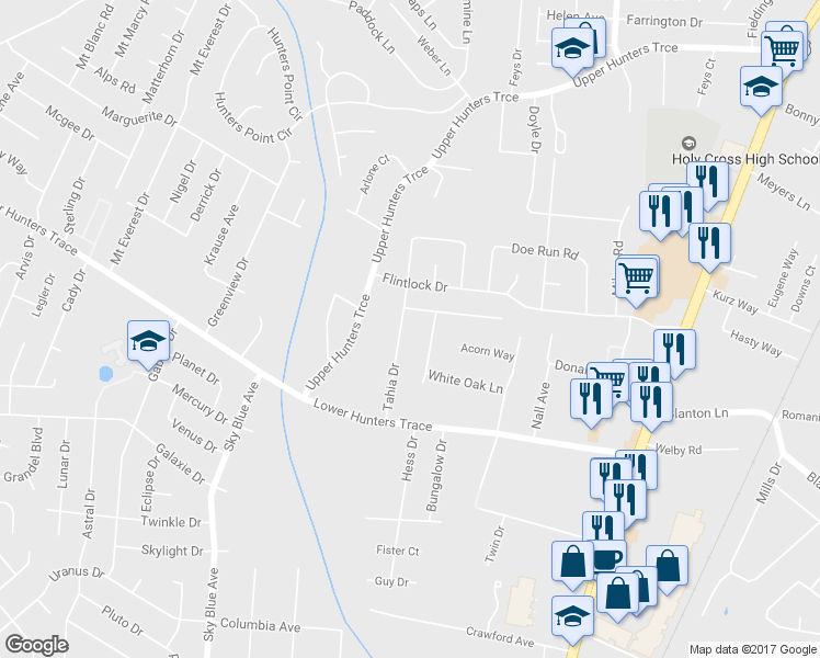 map of restaurants, bars, coffee shops, grocery stores, and more near 5311 Tahia Dr in Louisville